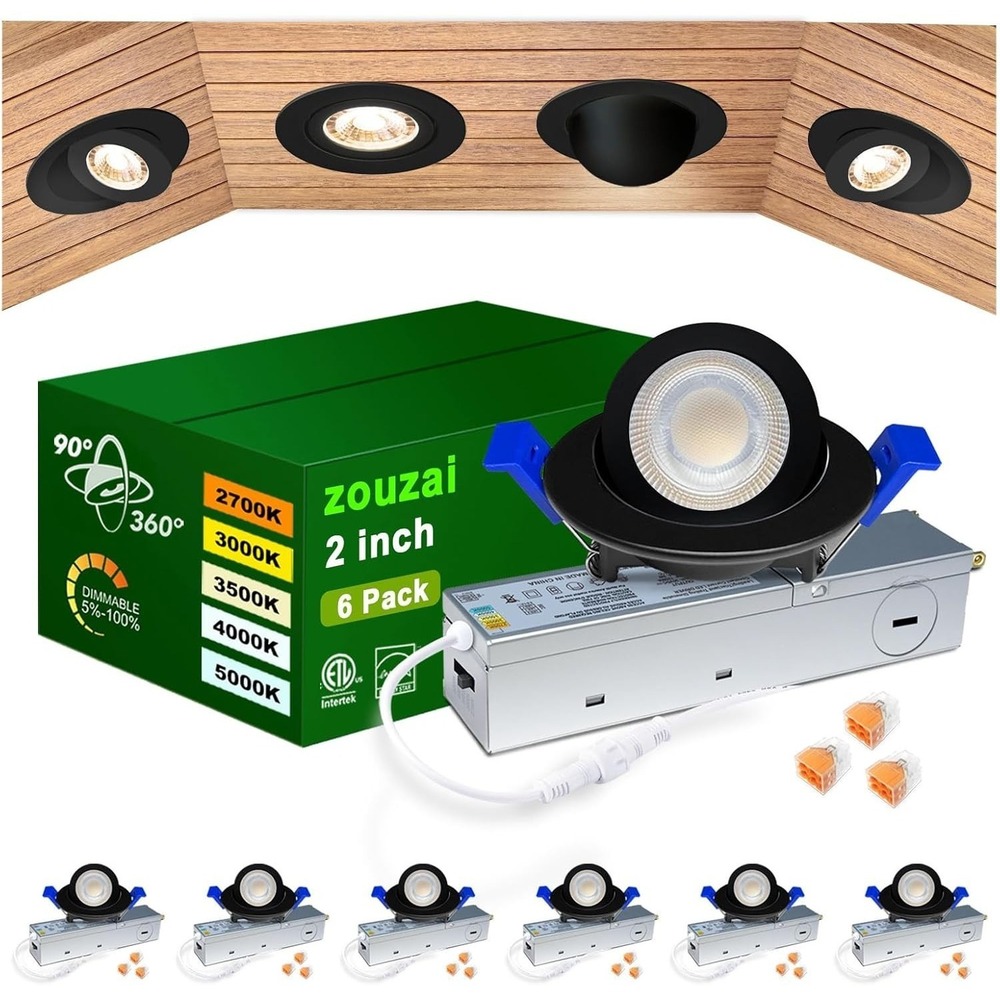 Zouzai 2in Gimbal‎ LED Recessed Light Black 5CCT 5W 550LM 360° ETL 6 Pack